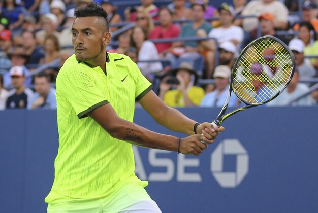 Aug 30, 2016; New York, NY, USA; Nick Kyrgios of Australia returns a shot to Aljaz Bedene of the United Kingdom on day two of the 2016 U.S. Open tennis tournament at USTA Billie Jean King National Tennis Center. Mandatory Credit: Anthony Gruppuso-USA TODAY Sports