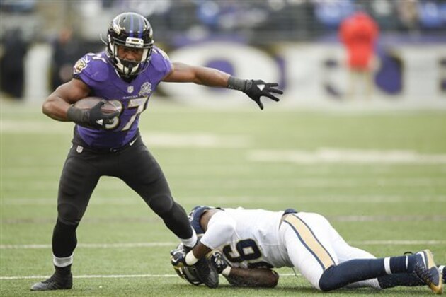 Baltimore Ravens running back Javorius Allen (37) breaks a tackle from St. Louis Rams outside linebacker Akeem Ayers (56) during the second half of an NFL football game in Baltimore, Sunday, Nov. 22, 2015. (AP Photo/Nick Wass)