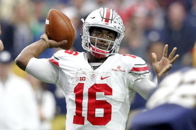 FILE - In this Jan. 1, 2016, file photo, Ohio State quarterback J.T. Barrett (16) throws a pass against Notre Dame during the second half of the Fiesta Bowl NCAA College football game in Glendale, Ariz. Last year Ohio State’s offensive engine was powered mostly by All-American tailback Ezekiel Elliott, and the passing game took a back seat. Coach Urban Meyer wants to change that.  (AP Photo/Ross D. Franklin, File)