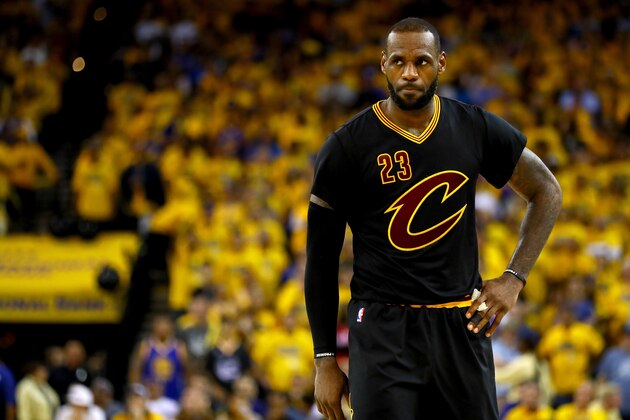 OAKLAND, CA - JUNE 19:  LeBron James #23 of the Cleveland Cavaliers reacts to a play in Game 7 of the 2016 NBA Finals against the Golden State Warriors at ORACLE Arena on June 19, 2016 in Oakland, California. NOTE TO USER: User expressly acknowledges and agrees that, by downloading and or using this photograph, User is consenting to the terms and conditions of the Getty Images License Agreement.  (Photo by Ezra Shaw/Getty Images)