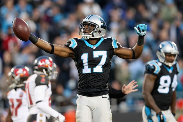 CHARLOTTE, NC - JANUARY 03:  Devin Funchess #17 of the Carolina Panthers reacts after making a catch during their game against the Tampa Bay Buccaneers at Bank of America Stadium on January 3, 2016 in Charlotte, North Carolina.  (Photo by Streeter Lecka/Getty Images)