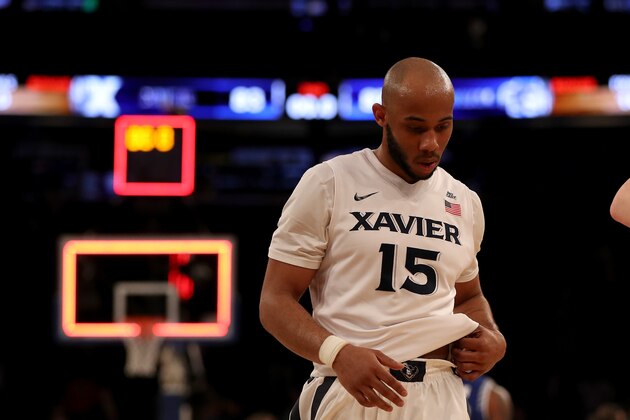 NEW YORK, NY - MARCH 11:  Myles Davis #15 of the Xavier Musketeers walks off the court after the loss to the Seton Hall Pirates during the semifinals of the Big East Basketball Tournament on March 11, 2016  at Madison Square Garden in New York City.The Seton Hall Pirates defeated the Xavier Musketeers 87-83.  (Photo by Elsa/Getty Images)