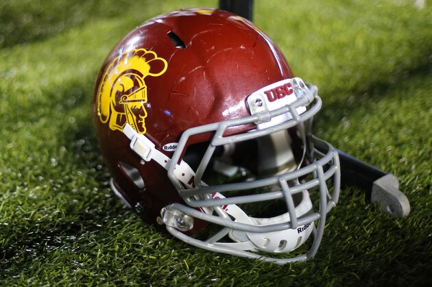 CHESTNUT HILL, MA - SEPTEMBER 13:  A USC helmet is seen during the game between the Boston College Eagles and the USC Trojans on September 13, 2014 at Alumni Stadium in Chestnut Hill, Massachusetts.  (Photo by Winslow Townson/Getty Images)