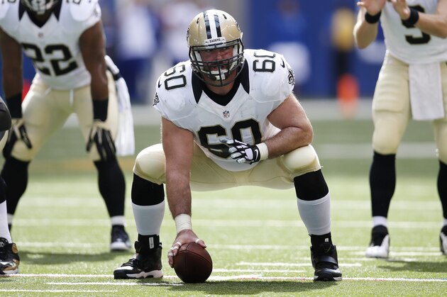 INDIANAPOLIS, IN - OCTOBER 25: Max Unger #60 of the New Orleans Saints gets set to snap the ball against the Indianapolis Colts during a game at Lucas Oil Stadium on October 25, 2015 in Indianapolis, Indiana. The Saints defeated the Colts 27-21. (Photo by Joe Robbins/Getty Images)