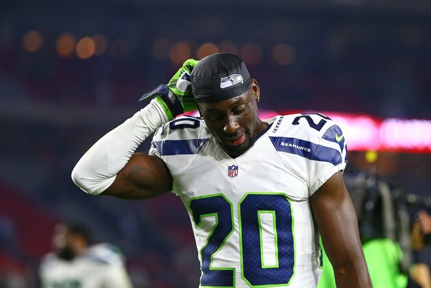 Dec 21, 2014; Glendale, AZ, USA; Seattle Seahawks cornerback Jeremy Lane (20) reacts against the Arizona Cardinals at University of Phoenix Stadium. The Seahawks defeated the Cardinals 35-6. Mandatory Credit: Mark J. Rebilas-USA TODAY Sports