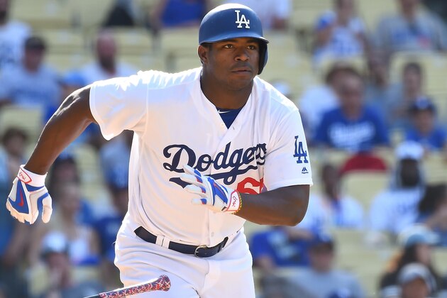 LOS ANGELES, CA - JULY 31:  Yasiel Puig #66 of the Los Angeles Dodgers rounds first on a double in the eighth inning of the game against the Arizona Diamondbacks at Dodger Stadium on July 31, 2016 in Los Angeles, California. (Photo by Jayne Kamin-Oncea/Getty Images)