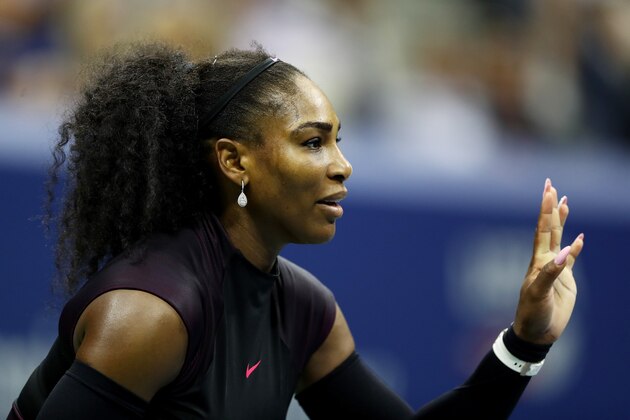 NEW YORK, NY - SEPTEMBER 01:  Serena Williams of the United States reacts against Vania King of the United States during her second round Women's Singles match on Day Four of the 2016 US Open at the USTA Billie Jean King National Tennis Center on September 1, 2016 in the Flushing neighborhood of the Queens borough of New York City.  (Photo by Elsa/Getty Images)