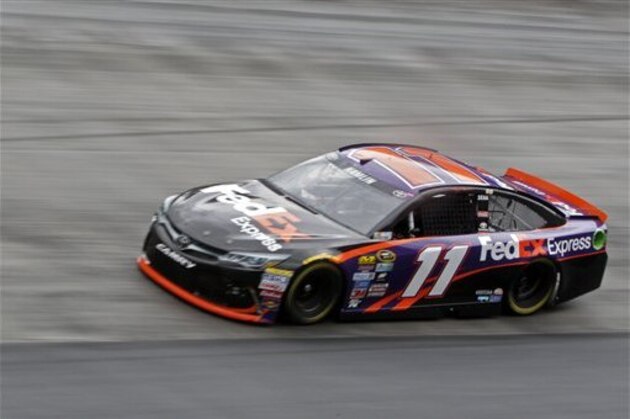 Driver Denny Hamlin (11) during practice for a NASCAR Sprint Cup auto race, Thursday, Aug. 19, 2016, in Bristol, Tenn. (AP Photo/Wade Payne)