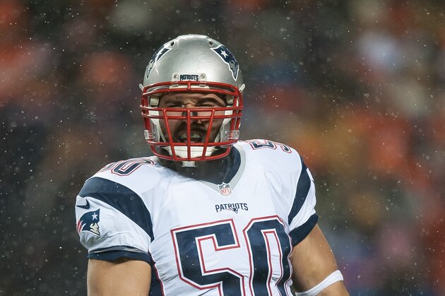 DENVER, CO - NOVEMBER 29: Defensive end Rob Ninkovich #50 of the New England Patriots celebrates a defensive stop against the Denver Broncos at Sports Authority Field at Mile High on November 29, 2015 in Denver, Colorado. The Broncos beat the Patriots 30-24 in overtime. (Photo by Dustin Bradford/Getty Images)
