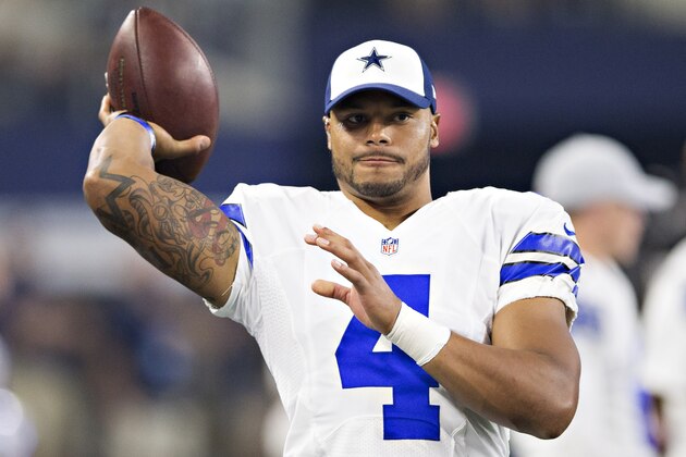 ARLINGTON, TX - SEPTEMBER 1:  Dak Prescott #4 of the Dallas Cowboys warms up on the sidelines during a preseason game against the Houston Texans at AT&T Stadium on September 1, 2016 in Arlington, Texas.  The Texans defeated the Cowboys 28-17.  (Photo by Wesley Hitt/Getty Images)