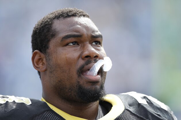 CHARLOTTE, NC - OCTOBER 9: Jahri Evans #73 of the New Orleans Saints looks on during the game against the Carolina Panthers at Bank of America Stadium on October 9, 2011 in Charlotte, North Carolina. The Saints won 30-27. (Photo by Joe Robbins/Getty Images)