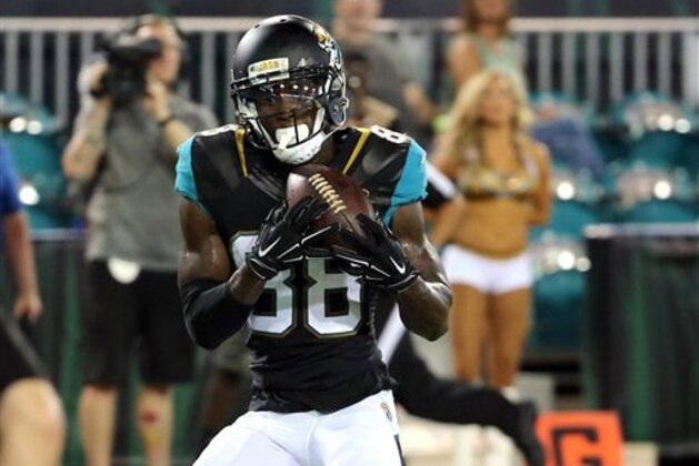 Jacksonville Jaguars wide receiver Allen Hurns (88) makes a catch for a 24-yard touchdown against the Tampa Bay Buccaneers during the first half of an NFL preseason football game in Jacksonville, Fla., Saturday, Aug. 20, 2016. (AP Photo/Stephen B. Morton)