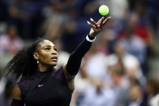 NEW YORK, NY - SEPTEMBER 01:  Serena Williams of the United States serves to Vania King of the United States during her second round Women's Singles match on Day Four of the 2016 US Open at the USTA Billie Jean King National Tennis Center on September 1, 2016 in the Flushing neighborhood of the Queens borough of New York City.  (Photo by Elsa/Getty Images)