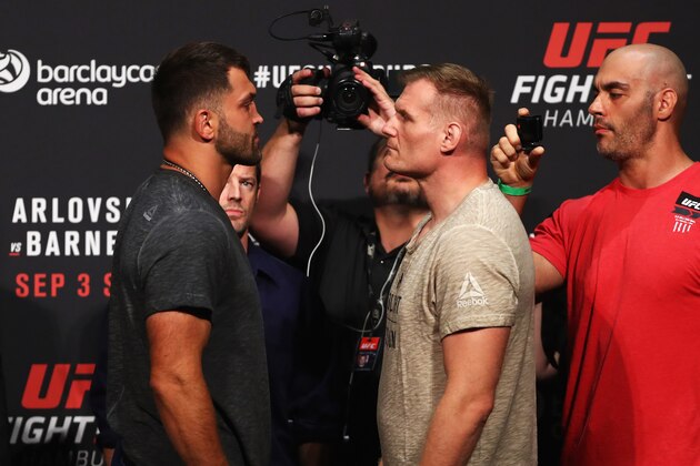 HAMBURG, GERMANY - SEPTEMBER 02:  Josh Barnett of the USA and Andrei Arlovski of Belarus come face to face during the UFC Fight Night Weigh-in held at Barclaycard Arena on September 2, 2016 in Hamburg, Germany.  Andrei 'The Pit Bull' Arlovski and Josh 'The Warmaster' Barnett will fight in the main event on Saturday the 3rd of September, 2016 in this location.  (Photo by Dean Mouhtaropoulos/Zuffa LLC/Zuffa LLC via Getty Images)
