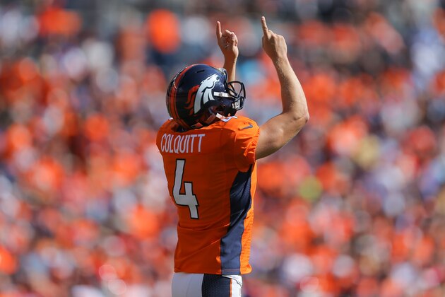 DENVER, CO - SEPTEMBER 14:  Punter Britton Colquitt #4 of the Denver Broncos in action against the Kansas City Chiefs at Sports Authority Field at Mile High on September 14, 2014 in Denver, Colorado.  (Photo by Justin Edmonds/Getty Images)