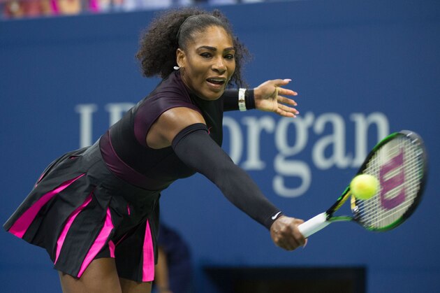 Serena Williams of the US hits a return to Vania King of the US during their 2016 US Open women's singles match at the USTA Billie Jean King National Tennis Center on September 1, 2016 in New York.  / AFP / Don EMMERT        (Photo credit should read DON EMMERT/AFP/Getty Images)