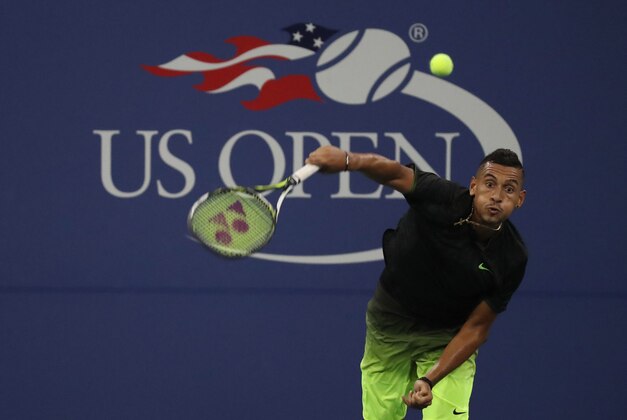 Sep 1, 2016; New York, NY, USA; Nick Kyrgios of Australia serves against Horacio Ceballos of Argentina on day four of the 2016 U.S. Open tennis tournament at USTA Billie Jean King National Tennis Center. Kyrgios won 7-5, 6-4, 6-4. Mandatory Credit: Geoff Burke-USA TODAY Sports