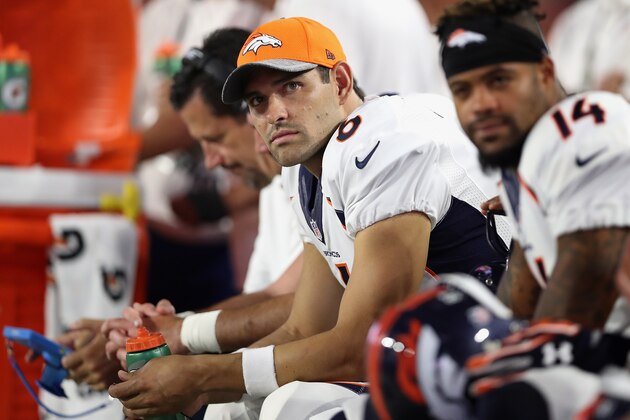 GLENDALE, AZ - SEPTEMBER 01:  Quarterback Mark Sanchez #6 of the Denver Broncos watches from the sidelines during the preseaon NFL game against the Arizona Cardinals at the University of Phoenix Stadium on September 1, 2016 in Glendale, Arizona.  The Cardinals defeated the Broncos 38-17.(Photo by Christian Petersen/Getty Images)