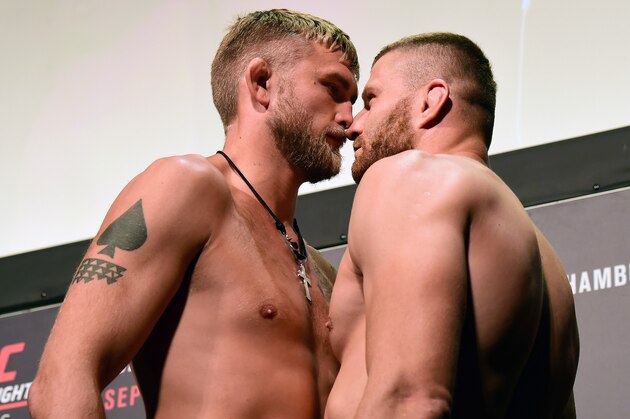 HAMBURG, GERMANY - SEPTEMBER 02:  (L-R) Jan Blachowicz of Poland and Alexander Gustafsson of Sweden faceoff during the UFC Fight Night Weigh-in held at Barclaycard Arena on September 2, 2016 in Hamburg, Germany.(Photo by Mike Roach/Zuffa LLC/Zuffa LLC via Getty Images)