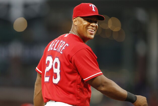 Aug 17, 2016; Arlington, TX, USA;  Texas Rangers third baseman Adrian Beltre (29) smiles while on the field in the first inning against the Oakland Athletics at Globe Life Park in Arlington. Mandatory Credit: Tim Heitman-USA TODAY Sports
