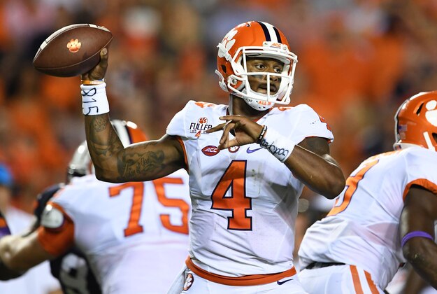 Sep 3, 2016; Auburn, AL, USA;  Clemson Tigers quarterback Deshaun Watson (4) passes against the Auburn Tigers during the first quarter at Jordan Hare Stadium. Mandatory Credit: John David Mercer-USA TODAY Sports