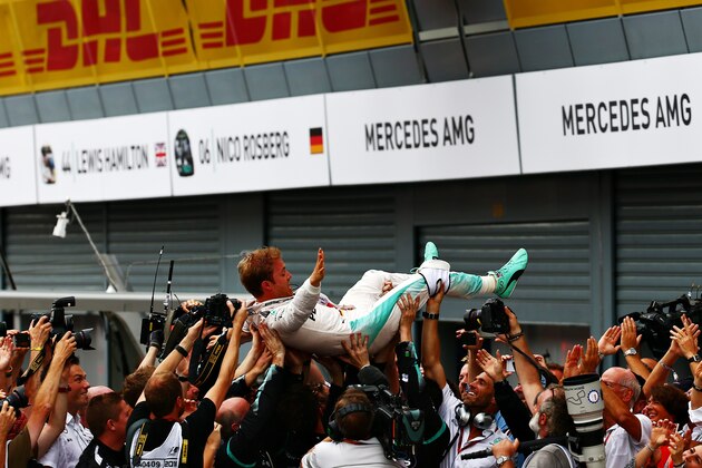 MONZA, ITALY - SEPTEMBER 04: Nico Rosberg of Germany and Mercedes GP celebrates his win in parc ferme during the Formula One Grand Prix of Italy at Autodromo di Monza on September 4, 2016 in Monza, Italy.  (Photo by Getty Images/Getty Images)