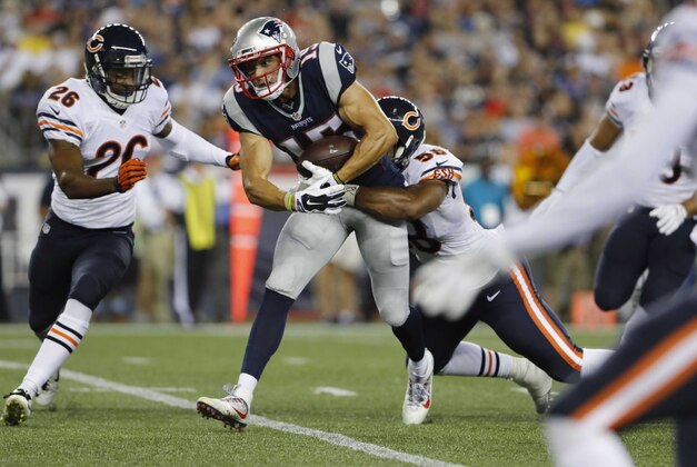 Aug 18, 2016; Foxborough, MA, USA; New England Patriots wide receiver Chris Hogan (15) makes the catch against the Chicago Bears in the first half at Gillette Stadium. The Patriots defeated the Bears 23-22. Mandatory Credit: David Butler II-USA TODAY Sports
