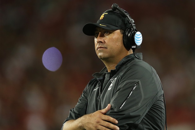 TUCSON, AZ - OCTOBER 11:  Head coach Steve Sarkisian of the USC Trojans on the sidelines during the college football game against the Arizona Wildcats at Arizona Stadium on October 11, 2014 in Tucson, Arizona.  The Trojans defeatred the Wildcats 28-26.  (Photo by Christian Petersen/Getty Images)