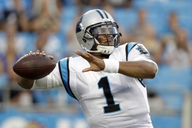 FILE - In a Friday, Aug. 26, 2016 file photo, Carolina Panthers' Cam Newton (1) looks to pass against the New England Patriots during the first half of a preseason NFL football game in Charlotte, N.C.. The last four teams to play for the NFC championship have the same goal: Super Bowl or bust. Reigning NFL MVP Cam Newton led the Panthers to a 17-1 record before Von Miller and the Broncos stifled them in the Super Bowl. (AP Photo/Bob Leverone)