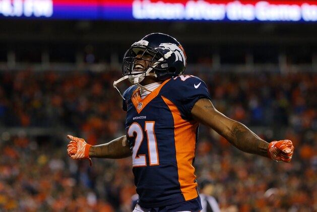 DENVER, CO - NOVEMBER 01:  Aqib Talib #21 of the Denver Broncos celebrates the Broncos' safety in the fourth quarter against the Green Bay Packers at Sports Authority Field at Mile High on November 1, 2015 in Denver, Colorado.  (Photo by Justin Edmonds/Getty Images)