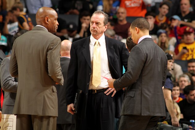 CHARLOTTE, NC - FEBRUARY 03:  Jim Boylan assistant coach of the Cleveland Cavaliers during the game against the Charlotte Hornets at the Time Warner Cable Arena on February 03, 2016 in Charlotte, North Carolina. NOTE TO USER: User expressly acknowledges and agrees that, by downloading and or using this photograph, User is consenting to the terms and conditions of the Getty Images License Agreement.  Mandatory Copyright Notice:  Copyright 2016 NBAE (Photo by Brock Williams-Smith/NBAE via Getty Images)