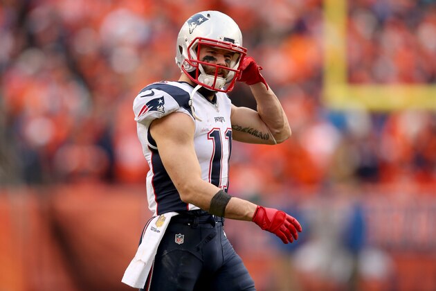 DENVER, CO - JANUARY 24: Julian Edelman #11 of the New England Patriots looks on in the second half against the Denver Broncos in the AFC Championship game at Sports Authority Field at Mile High on January 24, 2016 in Denver, Colorado.  (Photo by Doug Pensinger/Getty Images)