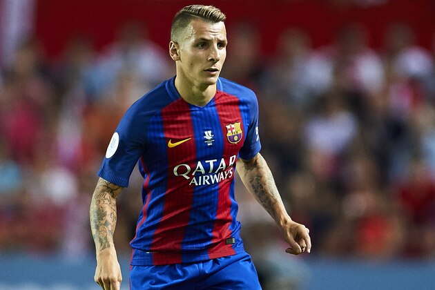 SEVILLE, SPAIN - AUGUST 14:  Lucas Digne of FC Barcelona in action during the match between Sevilla FC vs FC Barcelona as part of the Spanish Super Cup Final 1st Leg  at Estadio Ramon Sanchez Pizjuan on August 14, 2016 in Seville, Spain.  (Photo by Aitor Alcalde/Getty Images)
