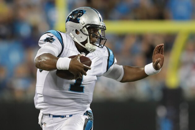 CHARLOTTE, NC - AUGUST 26:  Cam Newton #1 of the Carolina Panthers runs the ball against the New England Patriots during their game at Bank of America Stadium on August 26, 2016 in Charlotte, North Carolina.  (Photo by Streeter Lecka/Getty Images)