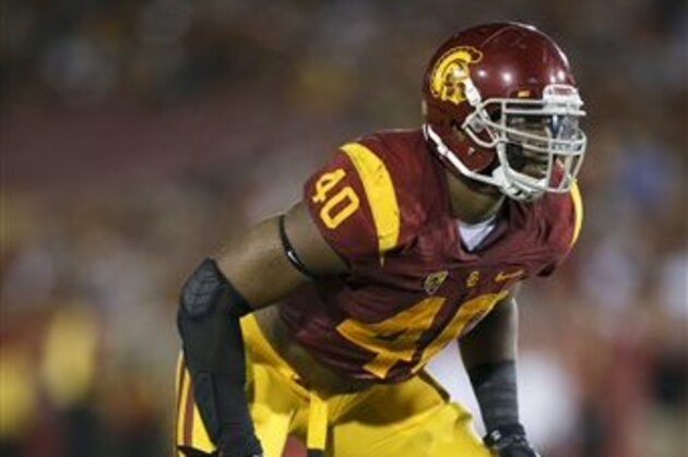 Southern California linebacker Jabari Ruffin is seen against Arkansas State during the second half of an NCAA college football game, Saturday, Sept. 5, 2015, in Los Angeles. (AP Photo/Danny Moloshok)