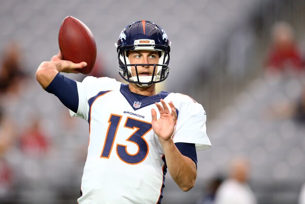 Sep 1, 2016; Glendale, AZ, USA; Denver Broncos quarterback Trevor Siemian prior to the game against the Arizona Cardinals during a preseason game at University of Phoenix Stadium. Mandatory Credit: Mark J. Rebilas-USA TODAY Sports