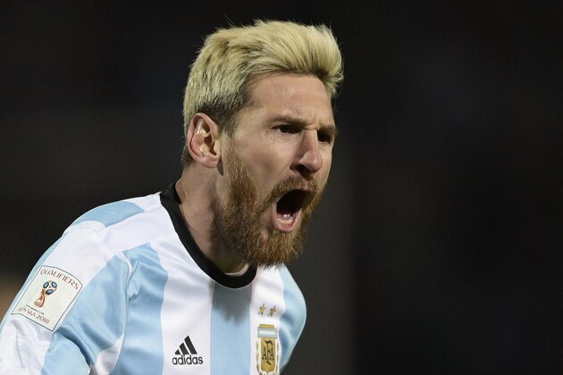 Argentina's Lionel Messi celebrates after scoring against Uruguay during the FIFA World Cup 2018 qualifier football match between Argentina and Uruguay in Mendoza, Argentina, on September 1, 2016. / AFP / JUAN MABROMATA        (Photo credit should read JUAN MABROMATA/AFP/Getty Images)