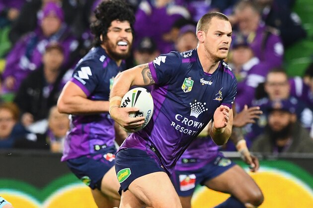 MELBOURNE, AUSTRALIA - SEPTEMBER 03:  Cheyse Blair of the Storm breaks through a tackle during the round 26 NRL match between the Melbourne Storm and the Cronulla Sharks at AAMI Park on September 3, 2016 in Melbourne, Australia.  (Photo by Quinn Rooney/Getty Images)