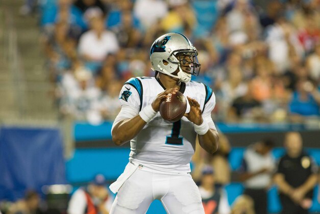 Aug 26, 2016; Charlotte, NC, USA;  Carolina Panthers quarterback Cam Newton (1) drops back to pass in the second half against the New England Patriots at Bank of America Stadium. The Patriots defeated the Panthers 19-17. Mandatory Credit: Jeremy Brevard-USA TODAY Sports