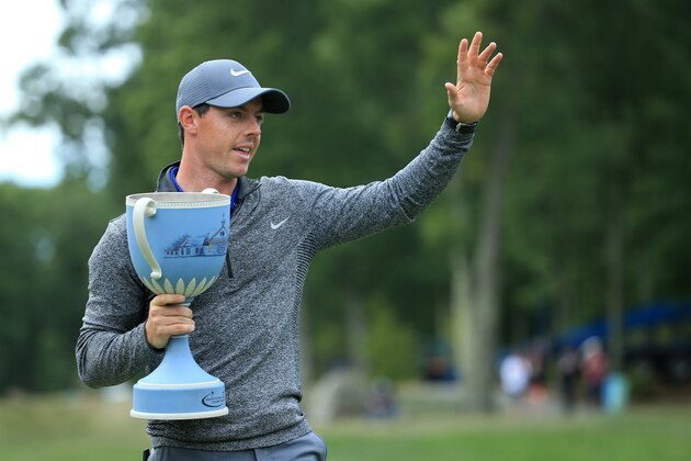 NORTON, MA - SEPTEMBER 05:  Rory McIlroy of Northern Ireland poses with the trophy during the final round of the Deutsche Bank Championship at TPC Boston on September 5, 2016 in Norton, Massachusetts.  (Photo by Maddie Meyer/Getty Images)