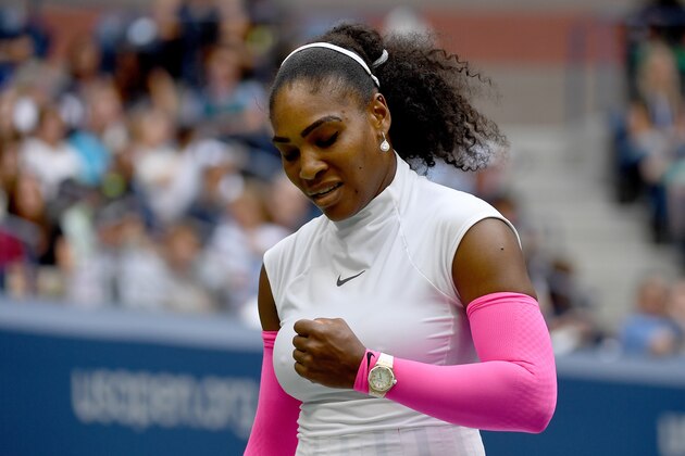 NEW YORK, NY - SEPTEMBER 05:  Serena Williams of the United States reacts against Yaroslava Shvedova of Kazakhstan during her fourth round Women's Singles match on Day Eight of the 2016 US Open at the USTA Billie Jean King National Tennis Center on September 5, 2016 in the Flushing neighborhood of the Queens borough of New York City.  (Photo by Mike Hewitt/Getty Images)