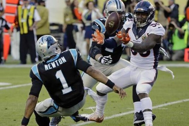 FILE - In this Feb. 7, 2016, file photo, Denver Broncos' Von Miller (58) strips the ball from Carolina Panthers' Cam Newton (1) during the first half of the NFL Super Bowl 50 football game, in Santa Clara, Calif. Von Miller got the best of Cam Newton both in the Super Bowl and its aftermath, making the NFL's MVP the butt of his jokes on