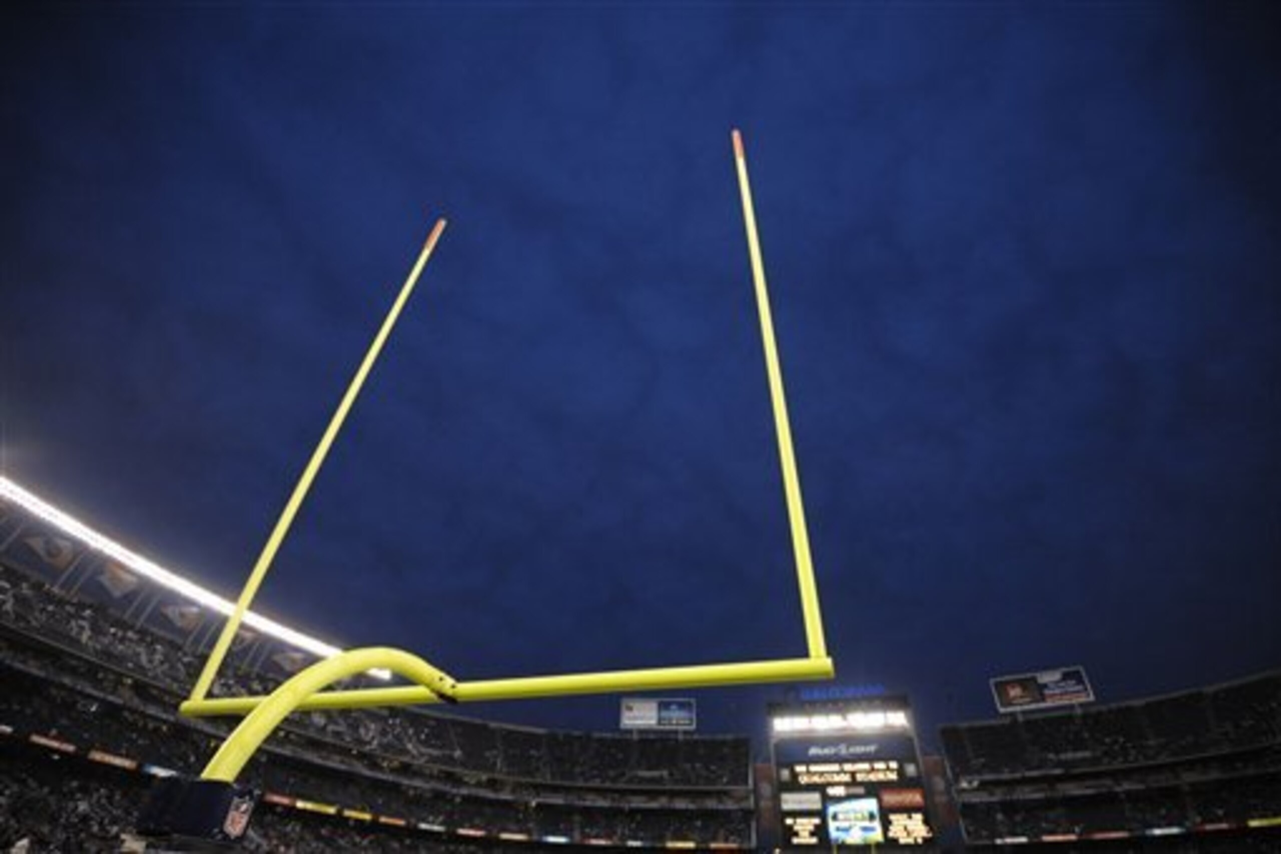 The goal posts on the field before an NFL football game between the San Diego Chargers and the Oakland Raiders Thursday, Nov. 10, 2011, in San Diego.  (AP Photo/Denis Poroy)