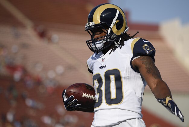 Aug 20, 2016; Los Angeles, CA, USA; Los Angeles Rams running back Todd Gurley (30) warms up prior to the game against the Kansas City Chiefs at Los Angeles Memorial Coliseum. Mandatory Credit: Kelvin Kuo-USA TODAY Sports