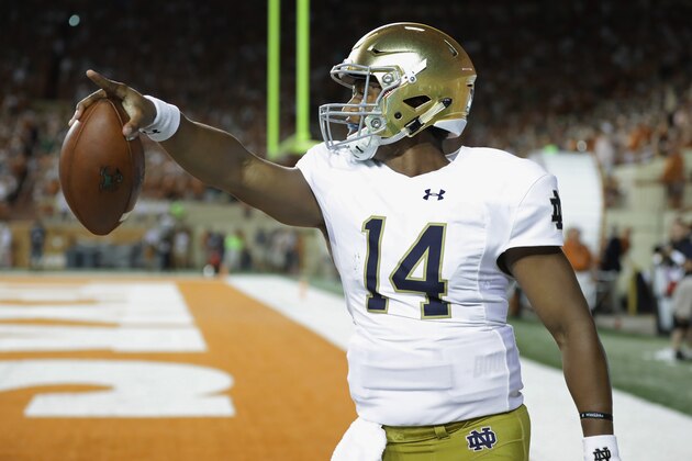 AUSTIN, TX - SEPTEMBER 04:  DeShone Kizer #14 of the Notre Dame Fighting Irish celebrates scoring a 29-yard rushing touchdown during the third quarter against the Texas Longhorns at Darrell K. Royal-Texas Memorial Stadium on September 4, 2016 in Austin, Texas.  (Photo by Ronald Martinez/Getty Images)