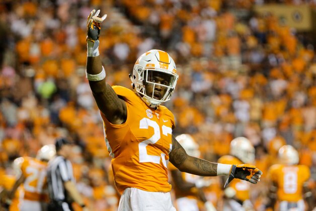 Sep 1, 2016; Knoxville, TN, USA; Tennessee Volunteers defensive back Cameron Sutton (23) motions to the crowd during the second half against the Appalachian State Mountaineers at Neyland Stadium. Tennessee won in overtime 20-13. Mandatory Credit: Randy Sartin-USA TODAY Sports