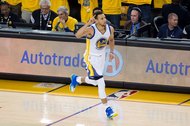 May 30, 2016; Oakland, CA, USA; Golden State Warriors guard Stephen Curry (30) gestures after scoring a basket against the Oklahoma City Thunder during the first quarter in game seven of the Western conference finals of the NBA Playoffs at Oracle Arena. Mandatory Credit: Kelley L Cox-USA TODAY Sports
