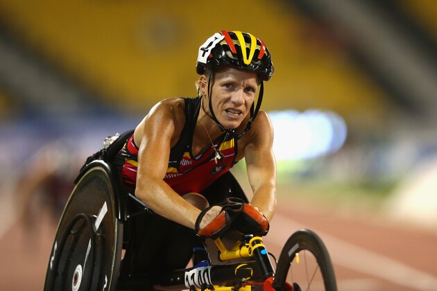 DOHA, QATAR - OCTOBER 31:  Marieke Vervoort of Belgium wins the women's 400m T52 final during the Evening Session on Day Ten of the IPC Athletics World Championships at Suhaim Bin Hamad Stadium on October 31, 2015 in Doha, Qatar.  (Photo by Francois Nel/Getty Images)