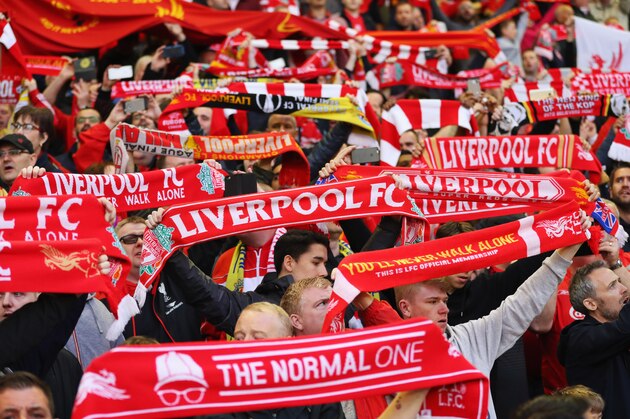LIVERPOOL, UNITED KINGDOM - MAY 05:  Liverpool fans show their support prior to the UEFA Europa League semi final second leg match between Liverpool and Villarreal CF at Anfield on May 5, 2016 in Liverpool, England.  (Photo by Richard Heathcote/Getty Images)
