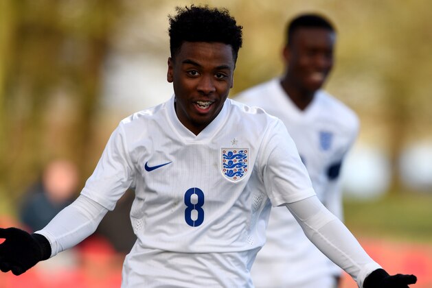 BURTON-UPON-TRENT, ENGLAND - FEBRUARY 18:  Angel Gomes of England celebrates after scoring during the England v Czech Republic  U16s International Friendly at St Georges Park on February 18, 2016 in Burton-upon-Trent, England.  (Photo by Ross Kinnaird/Getty Images)